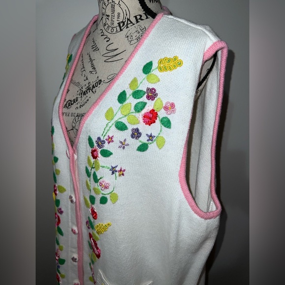 Storybook Knits 3X Floral Embroidered Sweater Vest Cottagecore Pink Trim - Picture 5 of 13